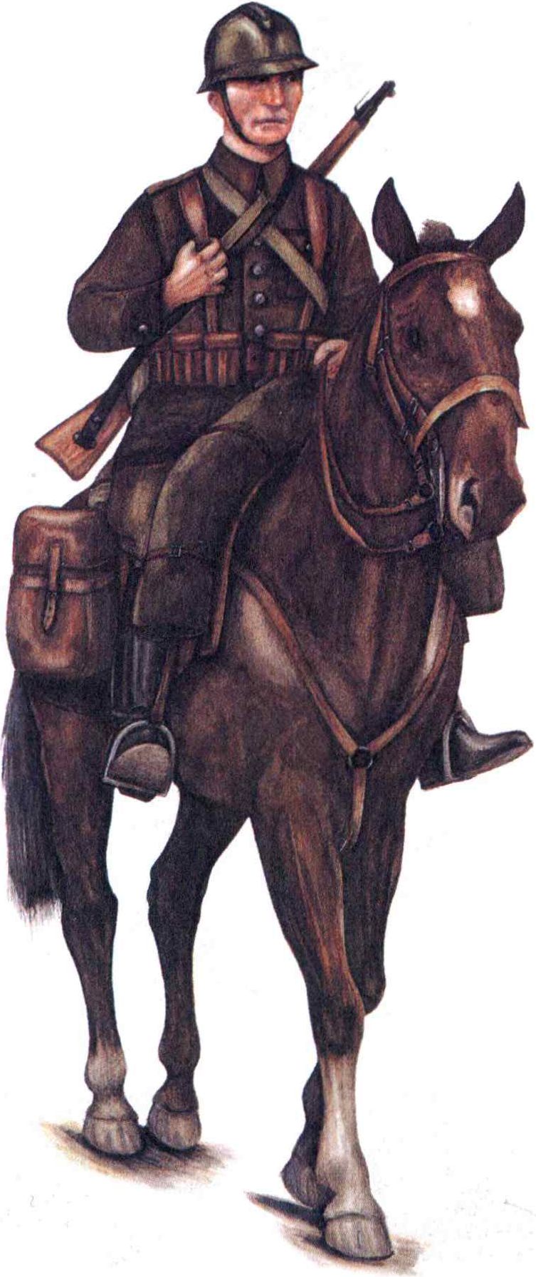 Польский кавалерист в полевой форме обр. 1936 г. и французской каске «Адриана» обр. 1915 г., вооруженный 7,92-мм карабином «Mauser» обр. 1898 г