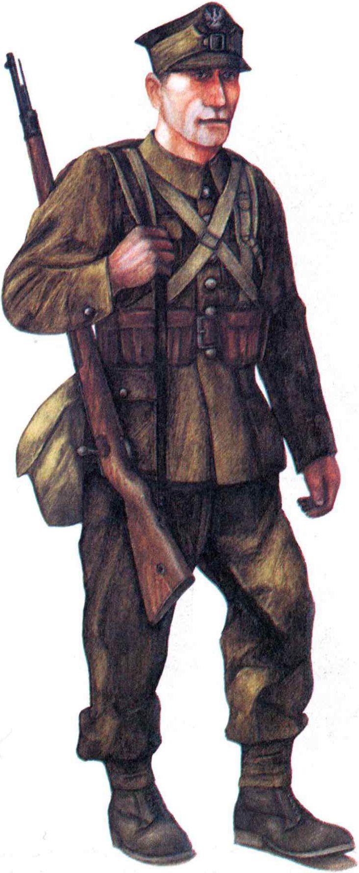Рядовой пехоты в полевой форме (мундир обр. 1936 г., длинные брюки обр. 1937 г.) в полном боевом снаряжении с 7,92-мм винтовкой «Mauser» обр. 1898 г