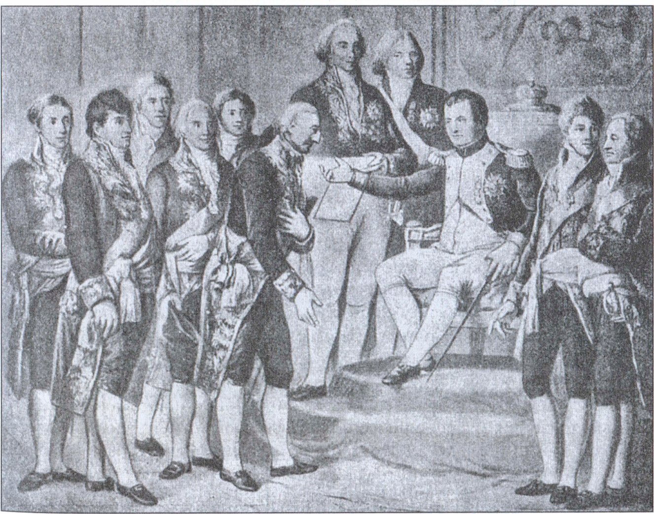 Наполеон вручает Хартию вольностей правительству Герцогства Варшавского в 1807 г