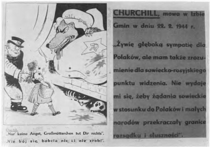 Немецкая листовка в связи с выступлением У. Черчилля в палате общин 22 февраля 1944 г : Черчилль подталкивает Польшу (Красную шапочку) к Сталину (волку) со словами: «Не боqся, бабушка тебе ничего не сделает» (AAN)